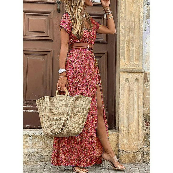 Women Summer Trend Holiday Dress Sexy Casual Elegant V-Neck High Slit Irregular Retro Vintage Print Slim With Belt Midi Dress
