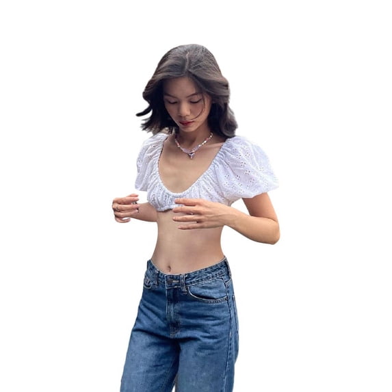 Women Summer Trendy Crop Tops, Hollow Lace Embroidery Scoop Neck Short Bubble Sleeve Blouse for Ladies, White