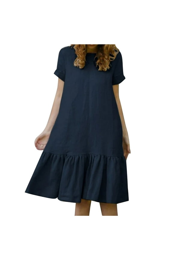Women Summer Tshirt Dress Women's Drop Waist Dress Loose Relaxed Fit Midi Dress Short Sleeve Comfortable Solid Loungewear Crew Round Neck Shift Dress