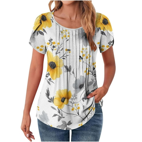 Women Summer Tshirts Floral Curve Hem Tunic Tops for Legging Pleated Outfit Short Sleeve Clothing