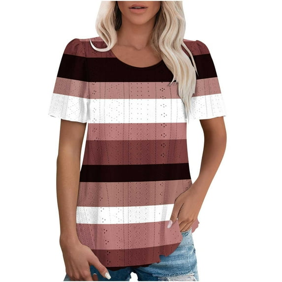 Women Summer Tshirts Hollow Short Sleeve Tunic Tops Striped Eyelet Basic Tee Casual Crewneck Shirts