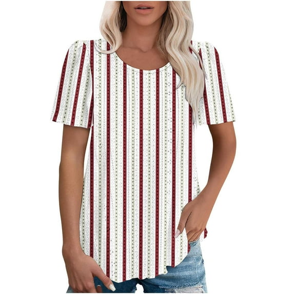 Women Summer Tshirts Hollow Short Sleeve Tunic Tops Striped Eyelet Basic Tee Casual Crewneck Shirts