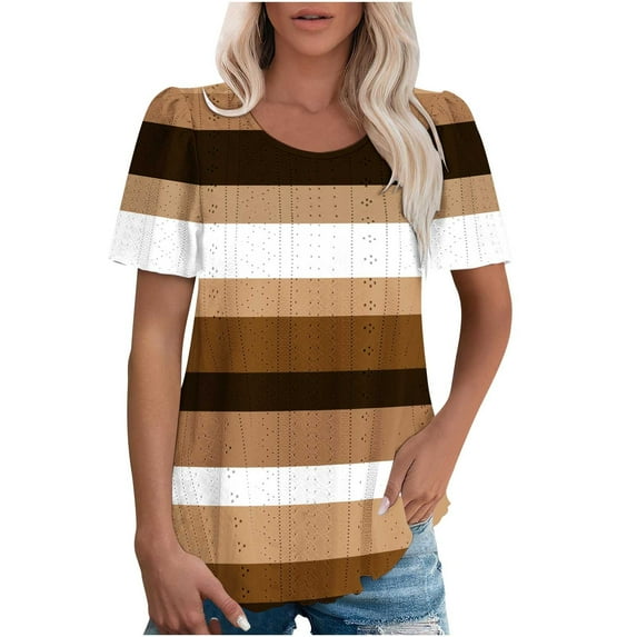 Women Summer Tshirts Hollow Short Sleeve Tunic Tops Striped Eyelet Basic Tee Casual Crewneck Shirts