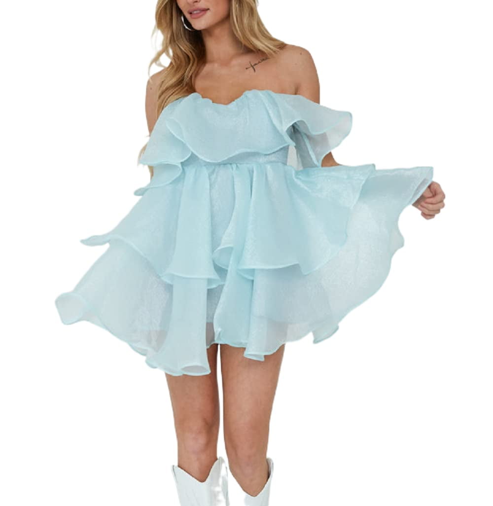 Women Summer Tulle Dress Puffy Layered Ruffle Short Tube Dress Strapless  Off-should Beach Party Dress 