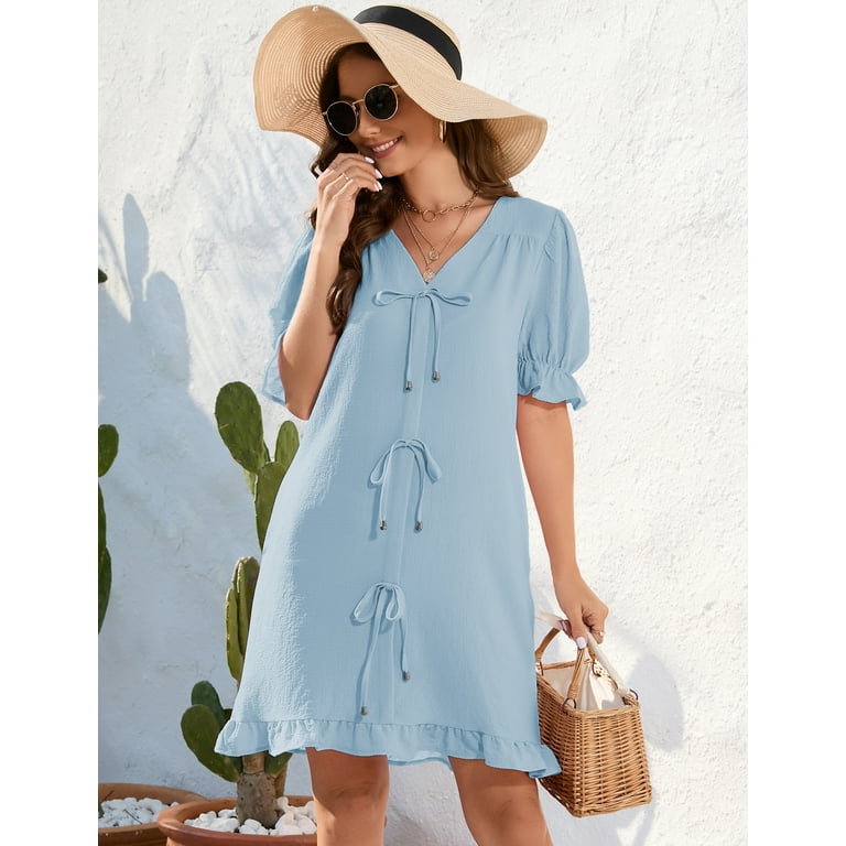 Women Summer Tunic Dress V Neck Short Sleeve Casual Loose Flowy