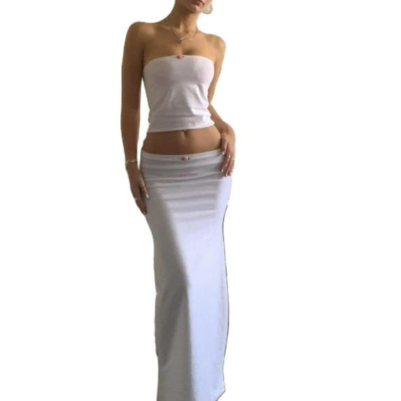 Women Summer Two Piece Outfits Long Skirt Set Y2K Lace Trim Strapless Crop Tube Top and Maxi Skirt Sets Beach Streetwear