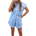 thumbnail image 1 of Women Summer Two Piece Outfits Short Sleeve Button Shirt Shorts Cute Sets Vacation Daily Wear Light Blue M, 1 of 7