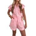 thumbnail image 1 of Women Summer Two Piece Outfits Short Sleeve Button Shirt Shorts Cute Sets Vacation Daily Wear Pink M, 1 of 7