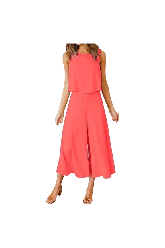 Women Summer Two Piece Suit - Sleeveless Tank Wide Leg Pants Pocket