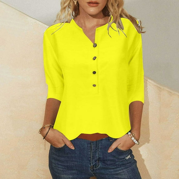 Women Summer V Neck 3/4 Sleeve T Shirts,Solid Color Button Up Casual Tshirts for Women