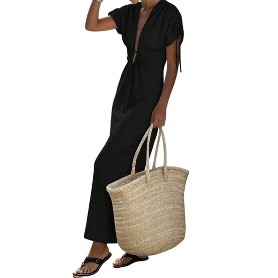 Women Summer V Neck Drawstring Maxi Dress Elastic Waist Flowy Vacation Dress Black S