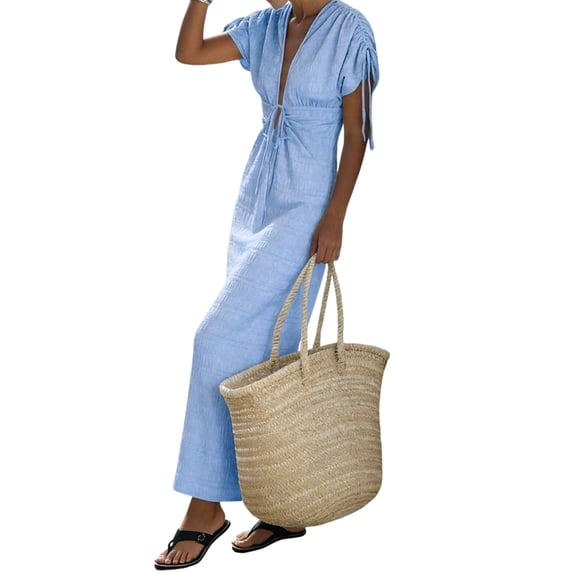 Women Summer V Neck Drawstring Maxi Dress Elastic Waist Flowy Vacation Dress L