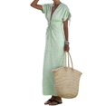 thumbnail image 1 of Women Summer V Neck Drawstring Maxi Dress Elastic Waist Flowy Vacation Dress Light Green S, 1 of 8