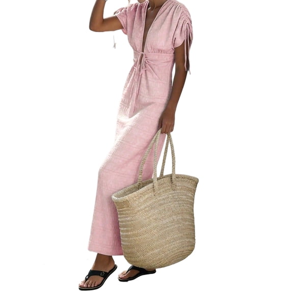 Women Summer V Neck Drawstring Maxi Dress Elastic Waist Flowy Vacation Dress Pink S