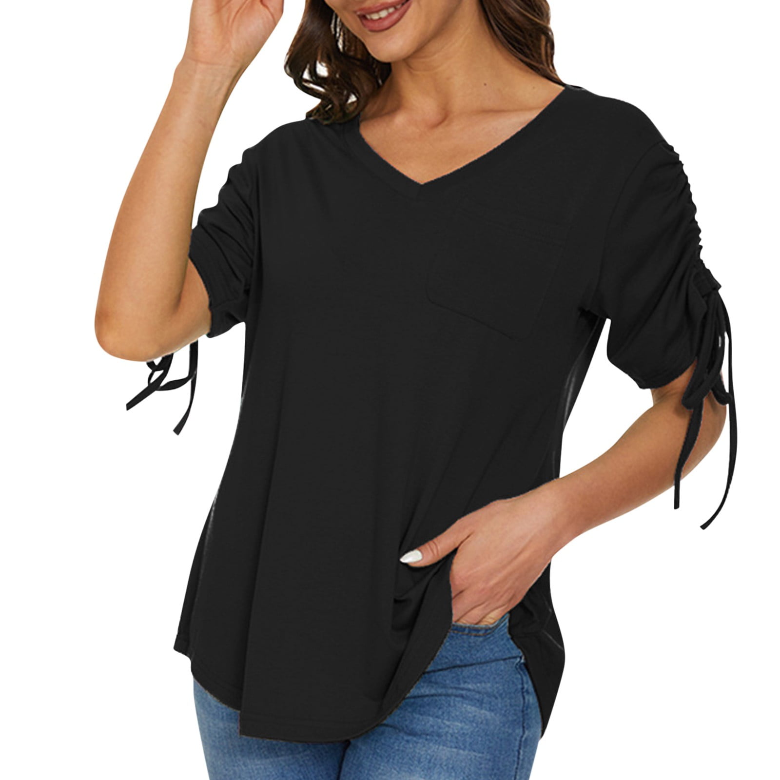 Women Summer V Neck Drawstring Short Sleeve T Shirt Top With Pocket