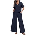 thumbnail image 1 of Women Summer V Neck Loose Short Sleeve Top Shirt With Pants Casual Large Size 2 Piece Set With Pockets Interview Pants Suits for Women Suits for Wedding Womens Suite Dress Pant Suits for Women for, 1 of 4