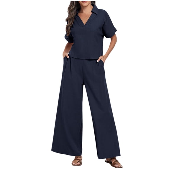 Women Summer V Neck Loose Short Sleeve Top Shirt With Pants Casual Large Size 2 Piece Set With Pockets Interview Pants Suits for Women Suits for Wedding Womens Suite Dress Pant Suits for Women for