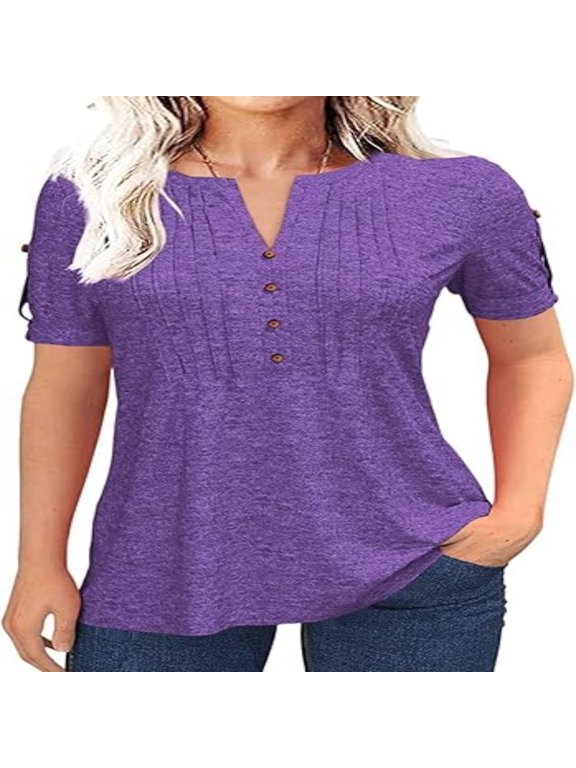 Women Summer V Neck Pleated Button Short Sleeve Solid Color Casual Top