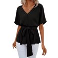 thumbnail image 1 of Women Summer V Neck Shirt Short Sleeve Tie Casual T Shirt Top, 1 of 4