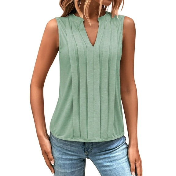 Women Summer V Neck Sleeveless Blouse Comfortable Elegant Ruffle Detail Casual Top Lightweight Breathable Loose Fit