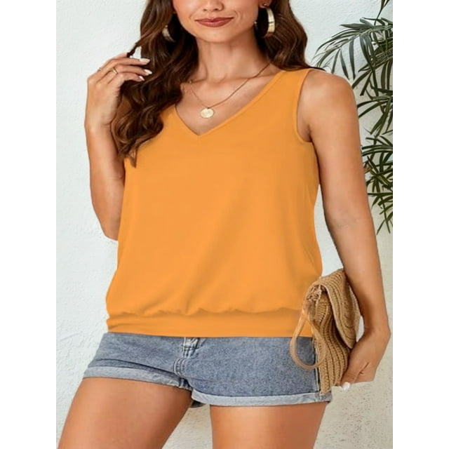 Women Summer V Neck Tank Top Loose Fit Flowy Sleeveless Shirt