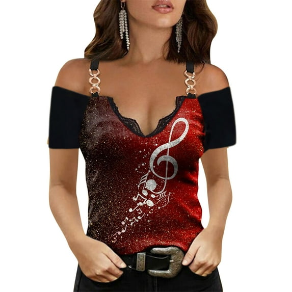 Women Summer V-neck Rose Print Short Sleeves Lace T-Shirt Blouse Cami Top