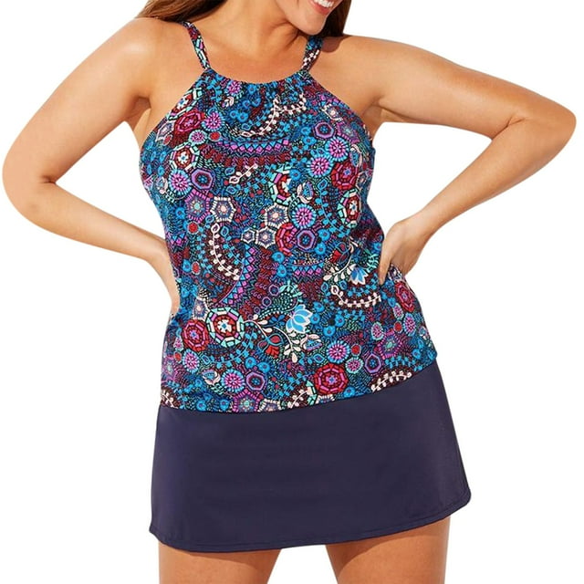 Women Summer Vacation Swim Suits Three Piece Tankini Set Printed Split