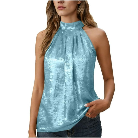 Women Summer Velvet Halter Tank Tops Party Casual Stand Collar Sleeveless Shirts Vintage Loose Fit Comfy Solid Color Tops