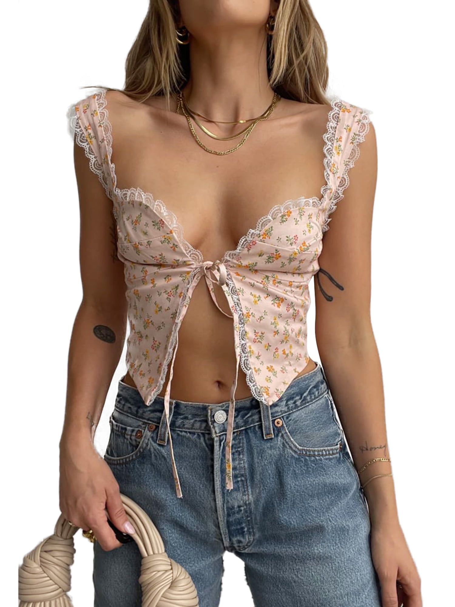 floral lace up tie shoulder tank crop top