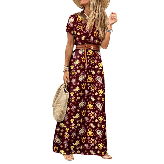 Women Summer Vintage Boho Long Maxi Dress Party Beach Dress Floral Print Sundress With Belt