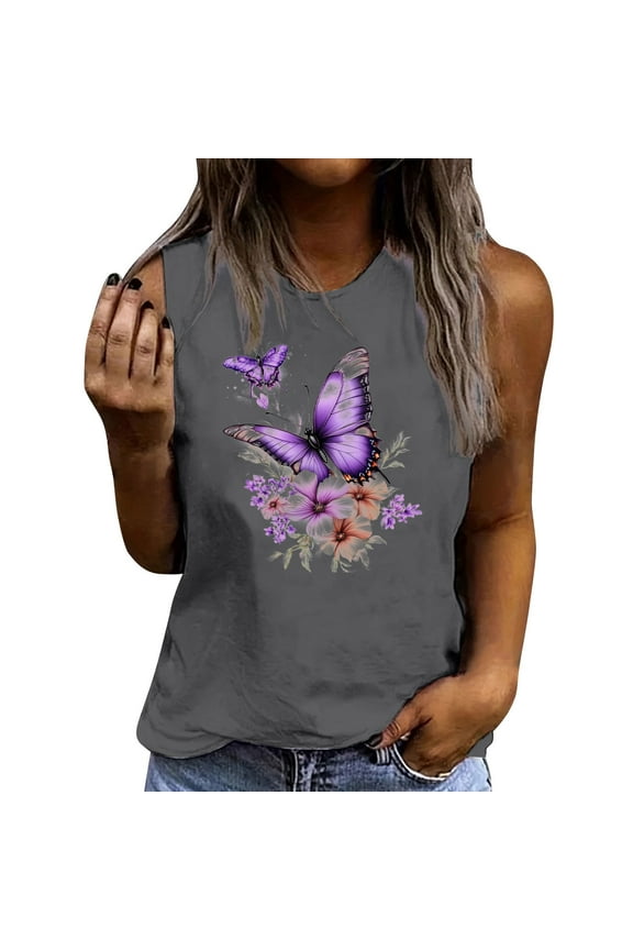 Women Summer Vintage Flowers Tank Butterflies Tanks Floral Printed Shirt Summer Graphic Tee Tops