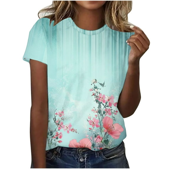 Women Summer Vintage T-Shirts Floral Printed Tops Crew Neck Tee Shirts Loose Fitted Tees Elegant Trendy Blouses Going Out Outfits Clothing