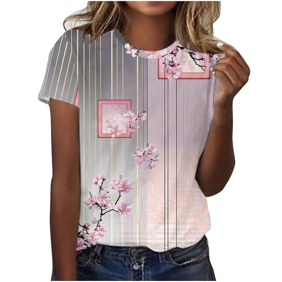 Women Summer Vintage T-Shirts Floral Printed Tops Crew Neck Tee Shirts Loose Fitted Tees Elegant Trendy Blouses Going Out Outfits Clothing