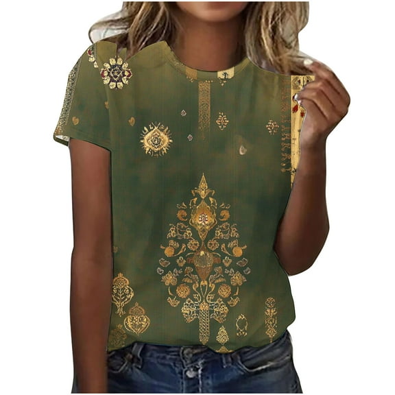 Women Summer Vintage T-Shirts Floral Printed Tops Crew Neck Tee Shirts Loose Fitted Tees Elegant Trendy Blouses Going Out Outfits Clothing