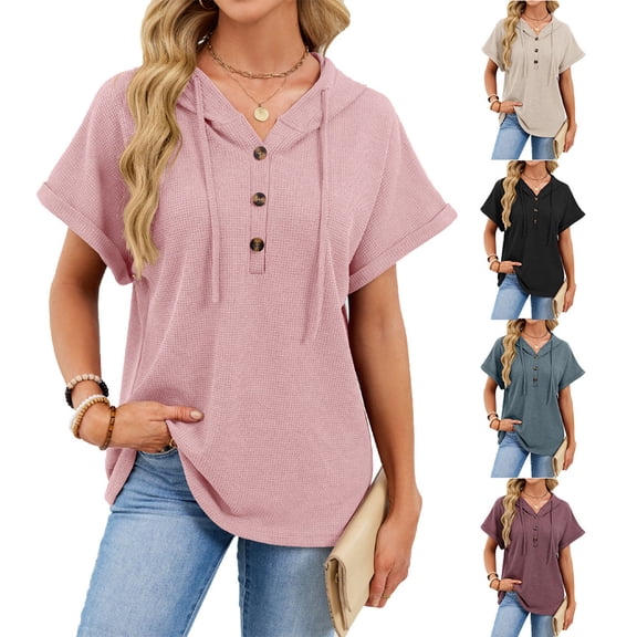 Women Summer Waffle Tshirts Loose Short Sleeve Hooded Tees Casual Soft Solid Color Hoodies Trendy Elegant Comfy Tunic Tops