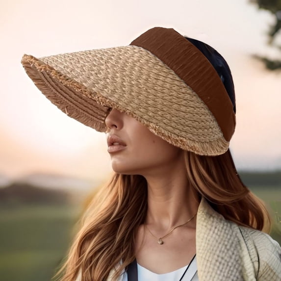 Women Summer Wide Brim Straw Sun Hat Open Top Beach Travel Handmade Packable Ponytail Outdoor, Coffee