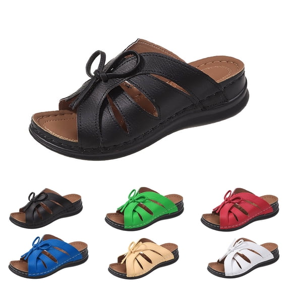 Women Summer Wide Width Wedge Slides Leather Platform Heels Fashion Bow Tie Decor Open Toe Sandals Walking Slippers Slip on Shoes Black Size 8.5