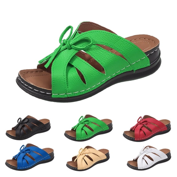 Women Summer Wide Width Wedge Slides Leather Platform Heels Fashion Bow Tie Decor Open Toe Sandals Walking Slippers Slip on Shoes Green Size 8.5