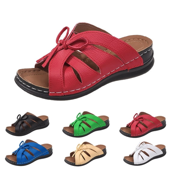 Women Summer Wide Width Wedge Slides Leather Platform Heels Fashion Bow Tie Decor Open Toe Sandals Walking Slippers Slip on Shoes Red Size 8