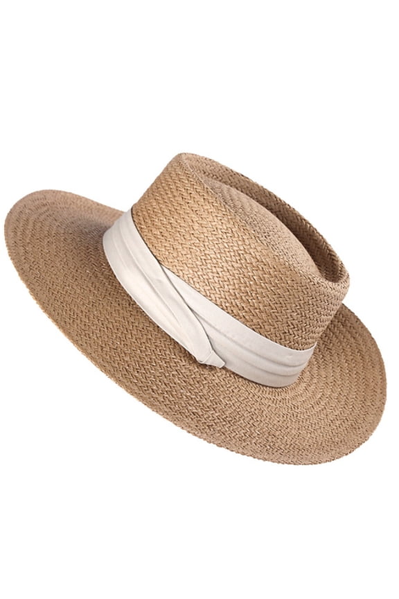 Women Summer Woven Straw Banded Sun Hat Holiday Vacation Flat Wide Brim Sunscreen Casual Outdoor Adjustable Boater Beach Jazz Cap
