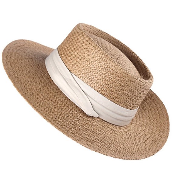Women Summer Woven Straw Banded for Sun Hat Holiday Vacation Flat Wide Brim Sunscreen Casual Outdoor Boater Beach Jazz C