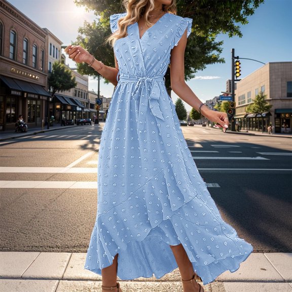 Women Summer Wrap V Neck Ruffle Sleeve Dot Boho Ruffle Slit Flowy Dresses Swing Dress with Long Sleeves High Neck Dress for Women Cute Short Dresses Summer Dresses for Women under $12 Deep V Dress