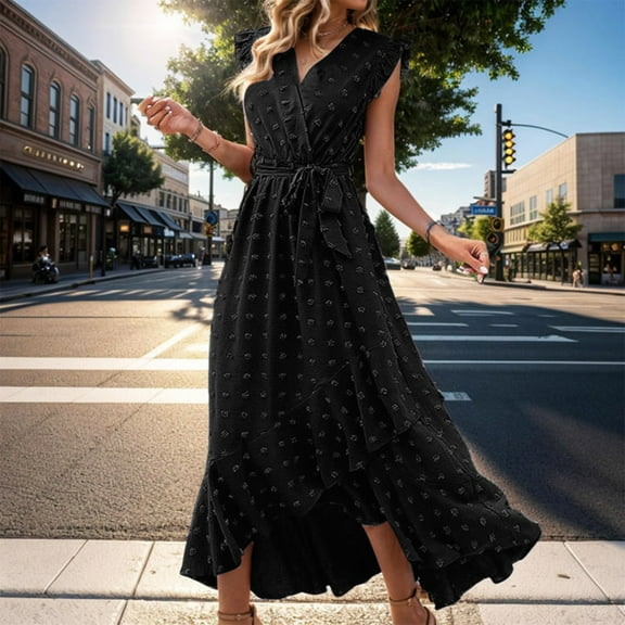 Women Summer Wrap V Neck Ruffle Sleeve Dot Boho Ruffle Slit Flowy Dresses Swing Dress with Long Sleeves High Neck Dress for Women Cute Short Dresses Summer Dresses for Women under $12 Deep V Dress