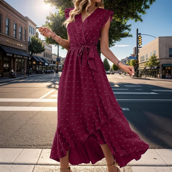 Women Summer Wrap V Neck Ruffle Sleeve Dot Boho Ruffle Slit Flowy Dresses Swing Dress with Long Sleeves High Neck Dress for Women Cute Short Dresses Summer Dresses for Women under $12 Deep V Dress