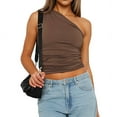 thumbnail image 1 of Women 2025 Summer Y2K Tops Sleeveless One Shoulder Slim Fit Shirts Ruched Knit Asymmetrical Top Blouse Brown XS, 1 of 10