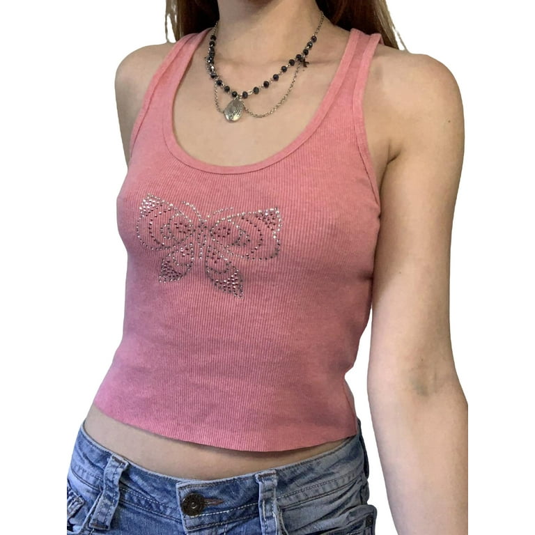 Zando Women's Sleeveless Fringe Hem Top Sparkly Rhinestone