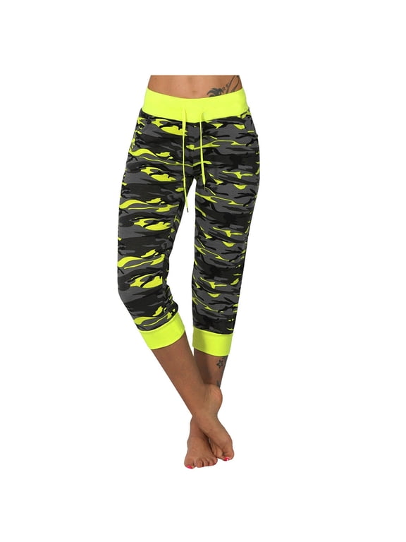 Women Summer Yoga Capri Pants Casual Camouflage Printed Panel Drawcord Female Lounge Workout Running Tights Ladies Leisure Stretch Waist Gym Cropped Leg Booty Leggings Trousers