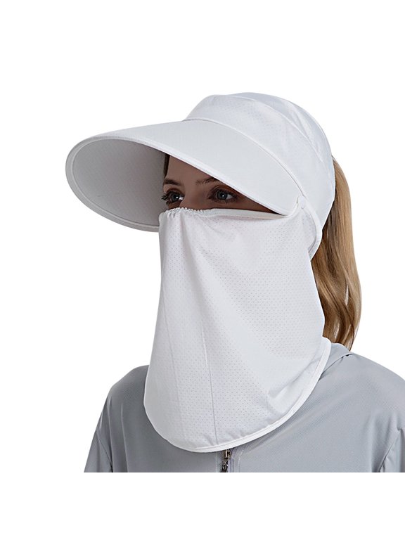 Women Sun Cap Finshing Hats UPF+50 Detachable Face Mask Neck Flap Visor Wide Brim Sun Protection Hiking Hats Women Summer Sun Hat Outdoor Riding Face Covering Solid Color Mask Sun Hat