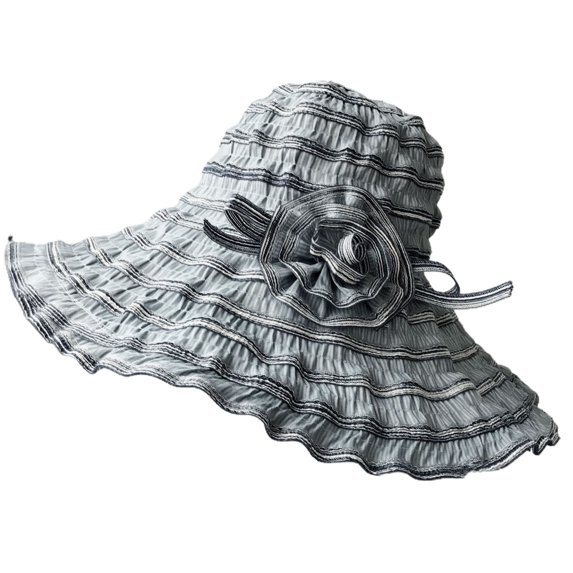 Women Sun Hat, Fashion Casual Solid Color Flower Decor Wide Brim Striped Sun Protection Foldable Beach Cap for Summer Outdoor Daily Wear