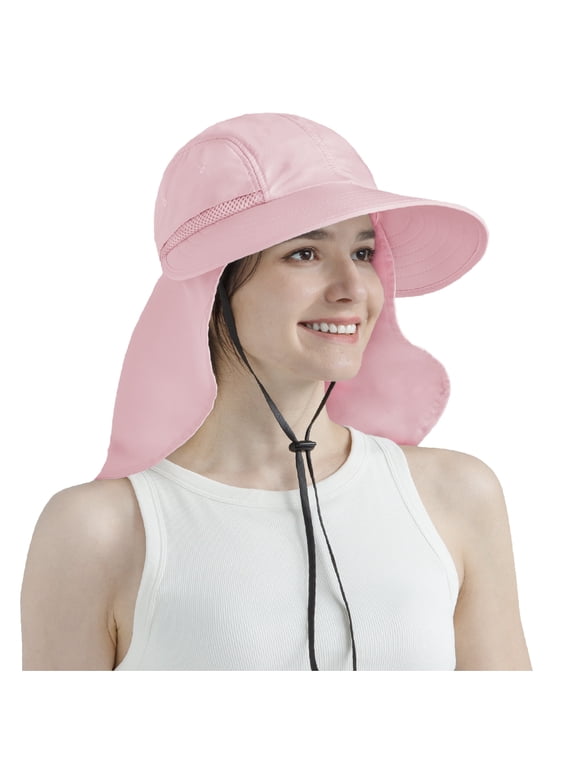 Women Sun Hat Neck Flap Cover, UV Protection Wide Brim Fishing Hat, Ponytail Hole Hiking Hat, Foldable Beach Cap Gardening Camping Outdoor Safari Sun Hat, Summer Travel Gifts UPF 50+, Pink